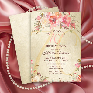 Invitation 70e anniversaire Floral Rose Roses Gold Shimmer Pa