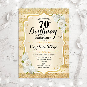 Invitation 70e anniversaire - Gold Stripes Roses blanches