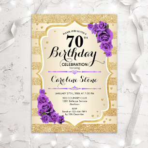 Invitation 70e anniversaire - Gold Stripes Roses violets