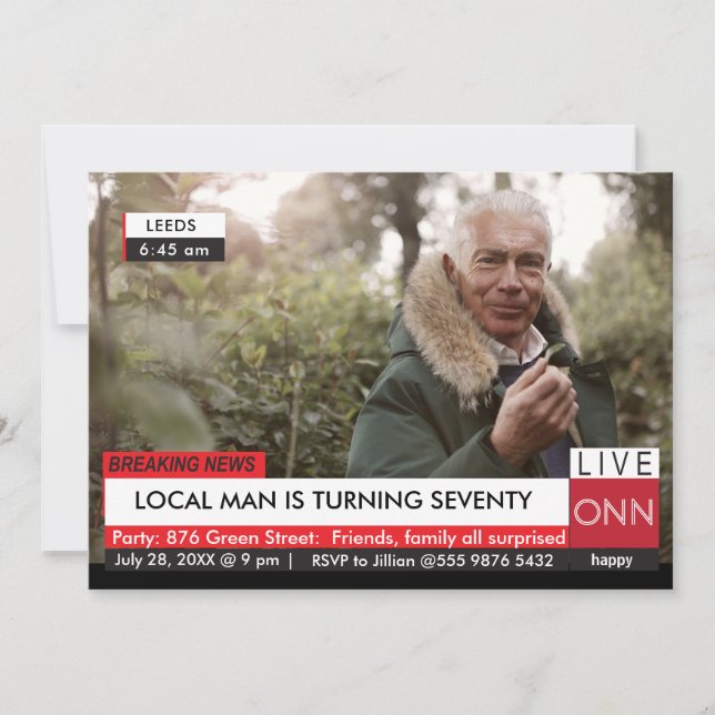 Invitation 70e anniversaire Hommes 🎉 Funny TV News Faux Médi (Devant)