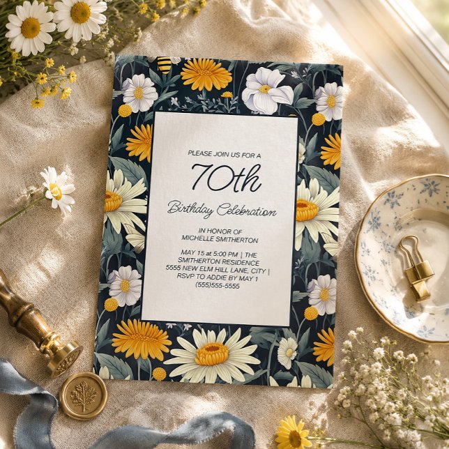 Invitation 70e anniversaire Marguerites Bleu Nuit  (Dandelions and daisies country cottage 70th birthday party invitation)