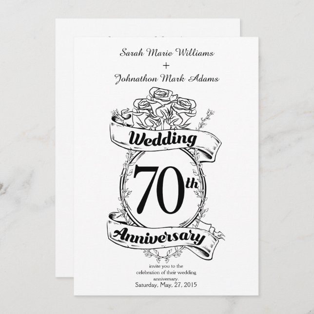 Invitation 70e anniversaire Mariage Fleurs Noir et blanc (Devant / Derrière)