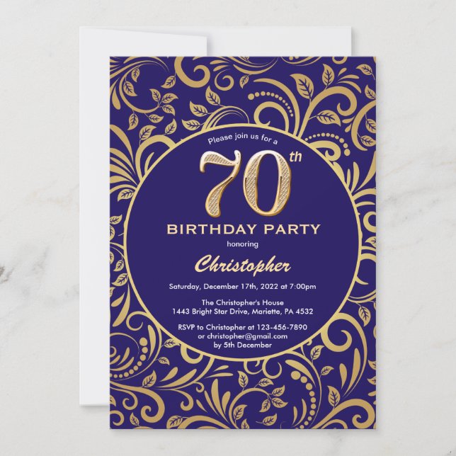 Invitation 70e anniversaire Marine bleu et or modèle floral (Devant)