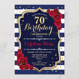 Invitation 70e anniversaire - Marine White Stripes et Red Ros