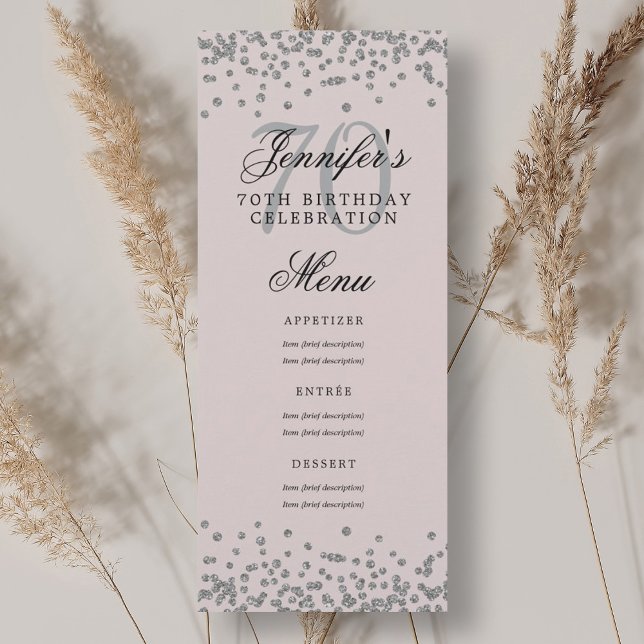 Invitation 70e Anniversaire Menu Confetti Argent Rose (70th Birthday Menu Silver Confetti Blush Pink Invitation)
