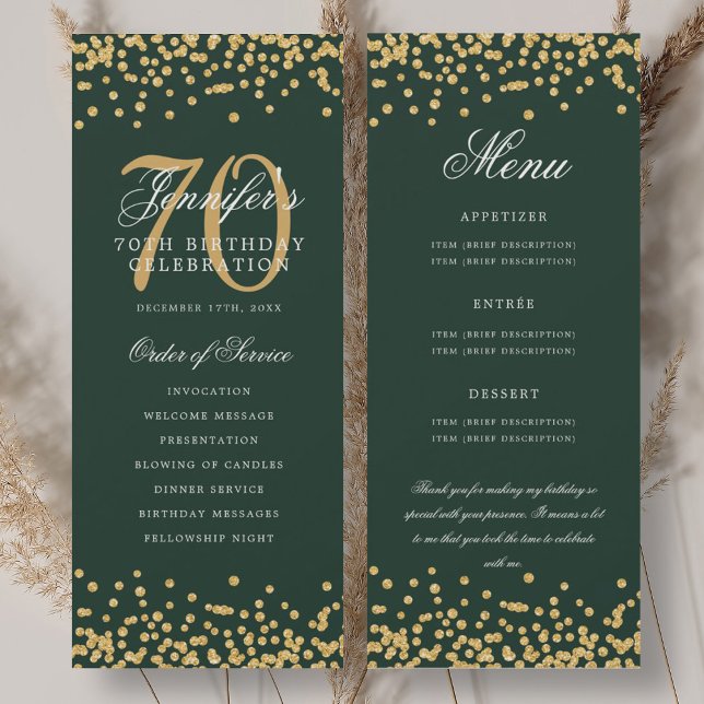 Invitation 70e Anniversaire Menu Merci Gold Green (70th Birthday Program Menu Thank You Gold Green)
