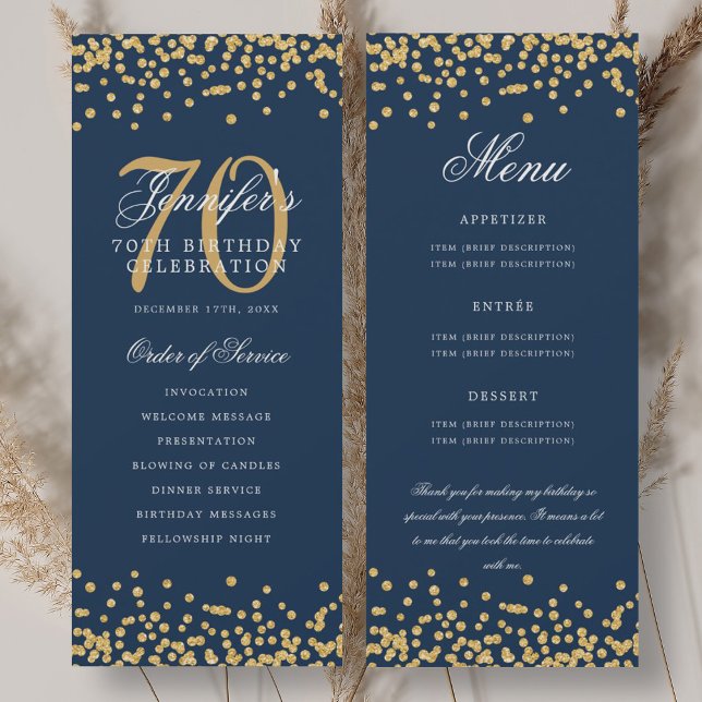 Invitation 70e Anniversaire Menu Merci Gold Navy (70th Birthday Program Menu Thank You Gold Navy)