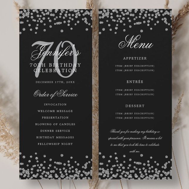 Invitation 70e Anniversaire Menu Merci U Silver Black (70th Birthday Program Menu Thank U Silver Black)
