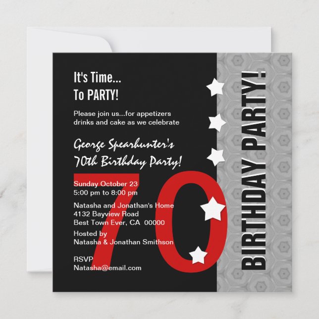 Invitation 70e Anniversaire Moderne Argent Rouge Noir Funny D (Devant)