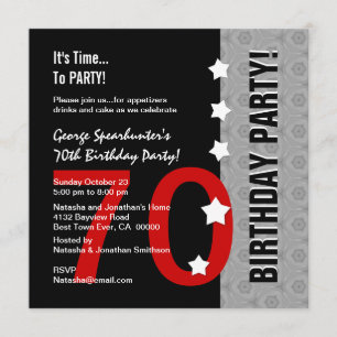 Invitation 70e Anniversaire Moderne Argent Rouge Noir Funny D