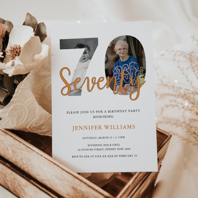 Invitation 70E Anniversaire Moderne Avec 2 Photos Puis & Main (Modern 70Th Birthday With 2 Photos Then and now, look whose 70 birthday invitation)