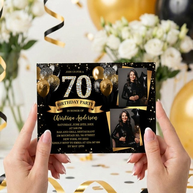 Invitation 70e Anniversaire Moderne Ballons Dorés Pailletés 2 (Créateur téléchargé)