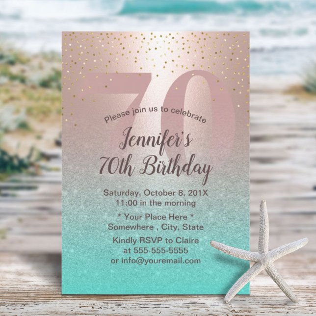 Invitation 70e anniversaire Moderne Blush Rose Gold Aqua Turq (Créateur téléchargé)