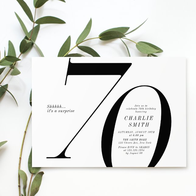 Invitation 70e anniversaire moderne minimaliste noir et blanc (Modern minimalist black and white 70th birthday invitation)