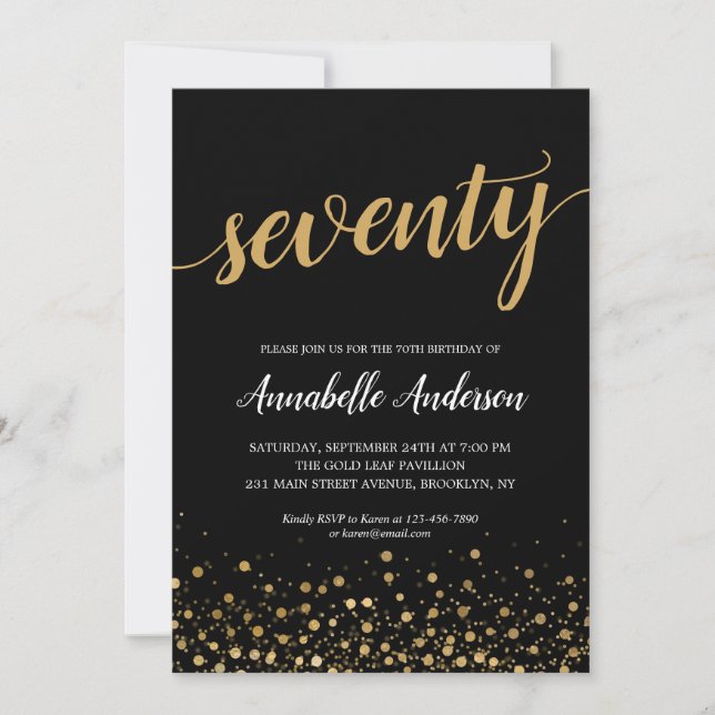 Invitation 70e anniversaire Moderne Noir Confetti Script (Devant)