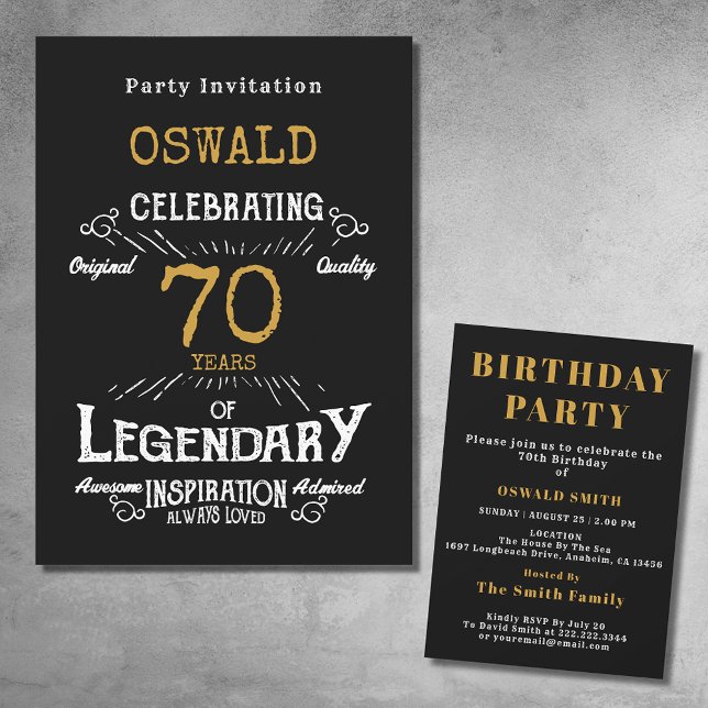 Invitation 70e anniversaire Né légendaire Black Gold Retro (For those celebrating their 70th birthday we have the ideal birthday party invitation)