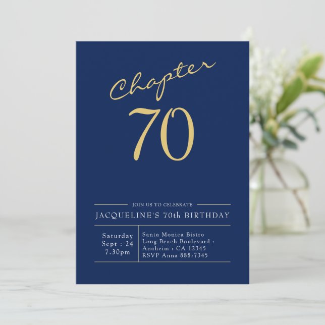 Invitation 70e Anniversaire Or Script moderne bleu (Debout devant)