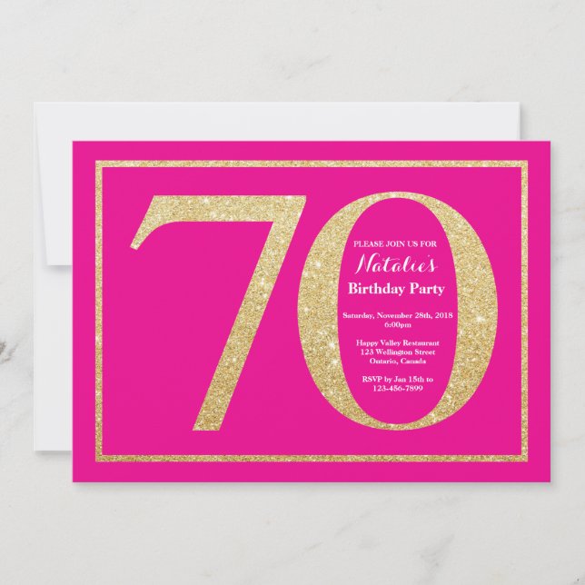 Invitation 70e anniversaire paillettes rose chaud et or (Devant)