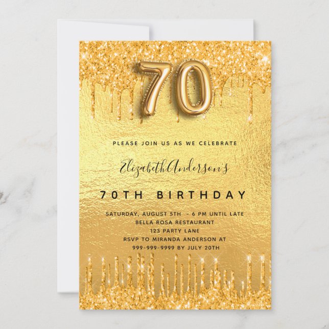 Invitation 70e anniversaire parties scintillant or gouttes (Devant)