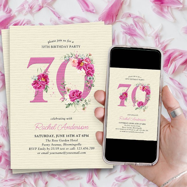 Invitation 70e anniversaire Peony rose Floral Numéro 70 (70th Birthday Invitation with pink floral number 70 - elegant vintage design with roses and peonies)