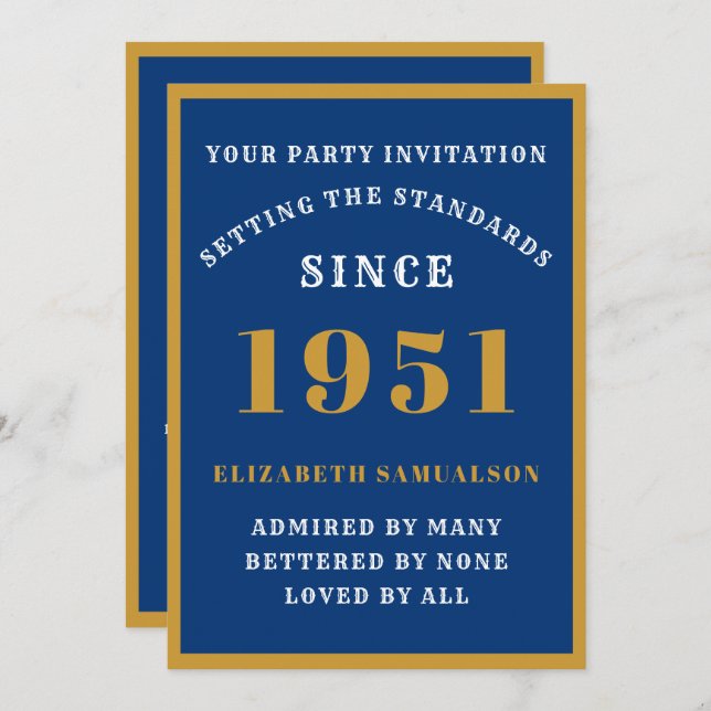 Invitation 70e anniversaire personnalisé 1951 Elégant Blue Go (Devant / Derrière)