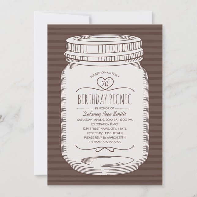 Invitation 70e Anniversaire Pique-Nique Rustic Mason Jar (Devant)