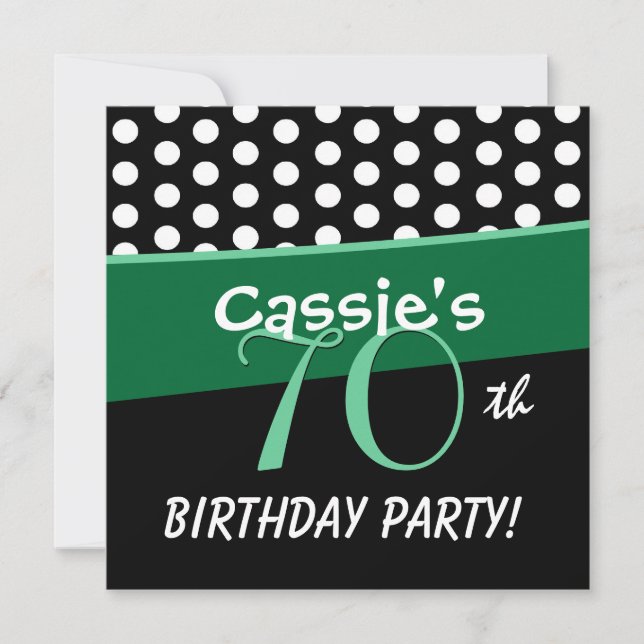 Invitation 70e anniversaire Pois noirs blancs verts D413 (Devant)