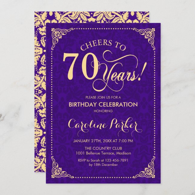 Invitation 70e anniversaire - Purple Gold Damask (Devant / Derrière)