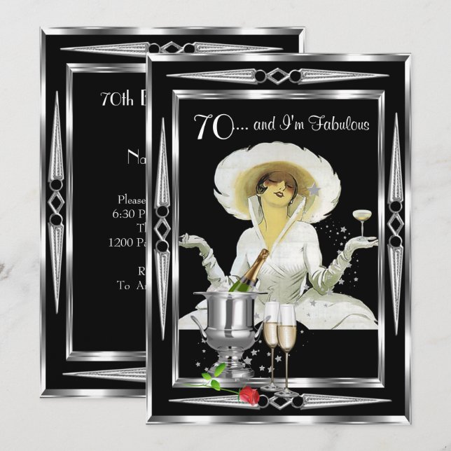 Invitation 70e anniversaire Rétro Diva Art déco Noir Argent (Devant / Derrière)
