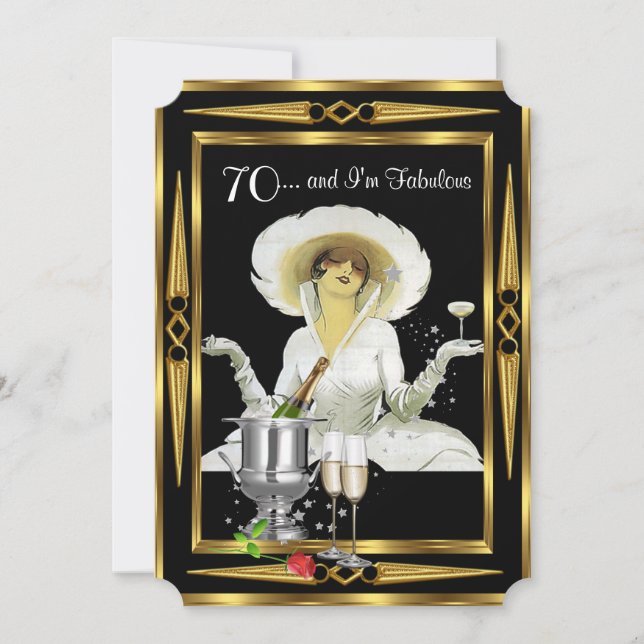 Invitation 70e anniversaire Rétro Diva Art déco Noir Or (Devant)