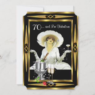 Invitation 70e anniversaire Rétro Diva Art déco Noir Or