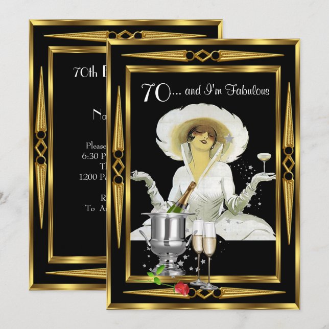 Invitation 70e anniversaire Rétro Diva Art déco Noir Or (Devant / Derrière)