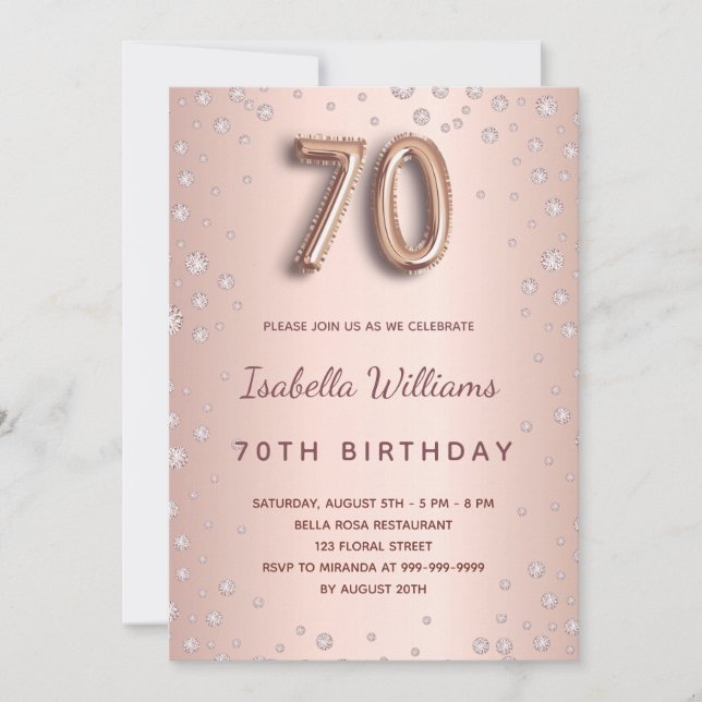 Invitation 70e anniversaire rose or diamants blush élégant (Devant)