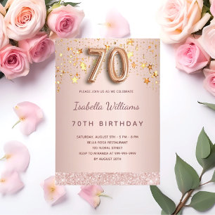 Invitation 70e anniversaire rose or rose étoiles script ballo