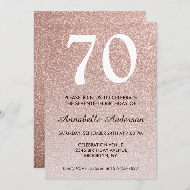 Invitation 70e anniversaire Rose Rose Parties scintillant or  (Devant / Derrière)