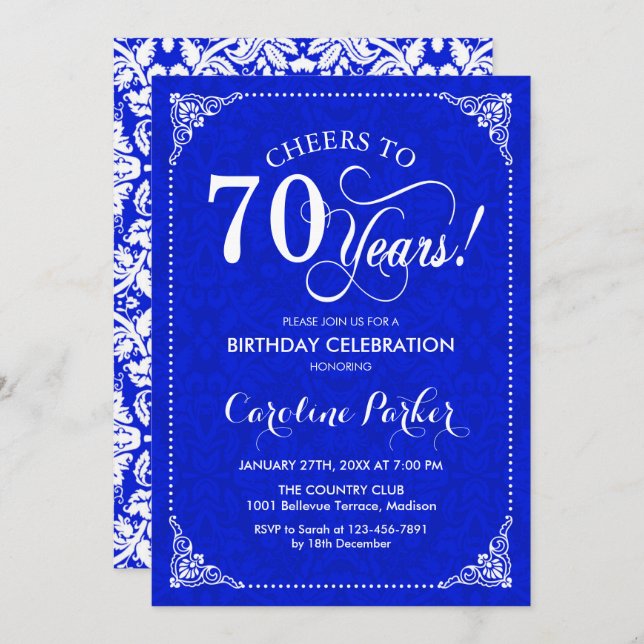 Invitation 70e anniversaire - Royal Blue White Damask (Devant / Derrière)