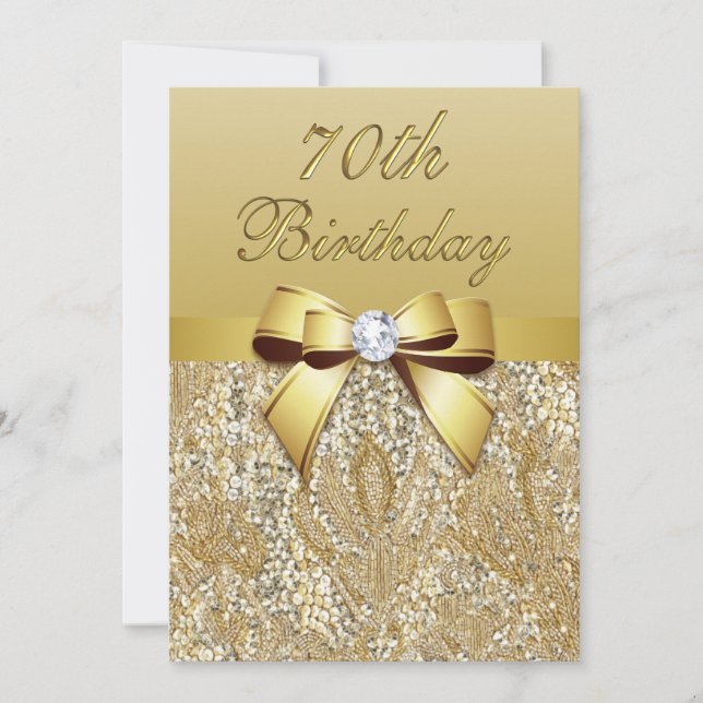 Invitation 70e anniversaire Séquins et Bow Gold Faux (Devant)