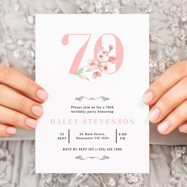Invitation 70e anniversaire simple floral chic rose et blanc (Créateur téléchargé)