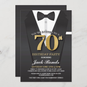 Invitation 70e anniversaire Spy Suit Black cravate Gold Invit