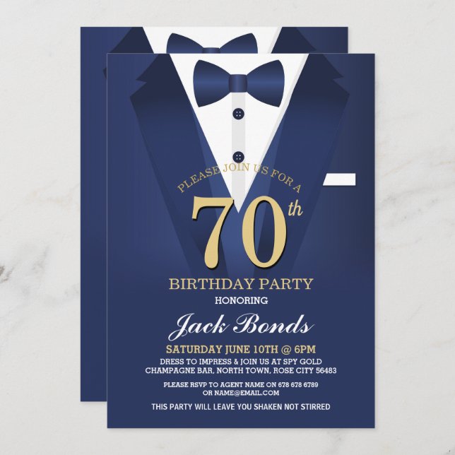 Invitation 70e anniversaire Spy Suit Black Cravate Marine Inv (Devant / Derrière)