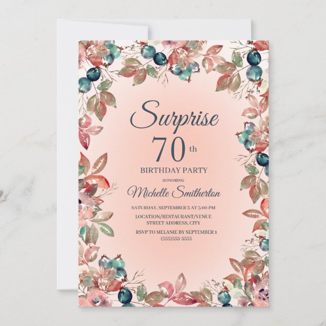 Invitation 70e anniversaire surprise femmes rose Turquoise fl (Devant)