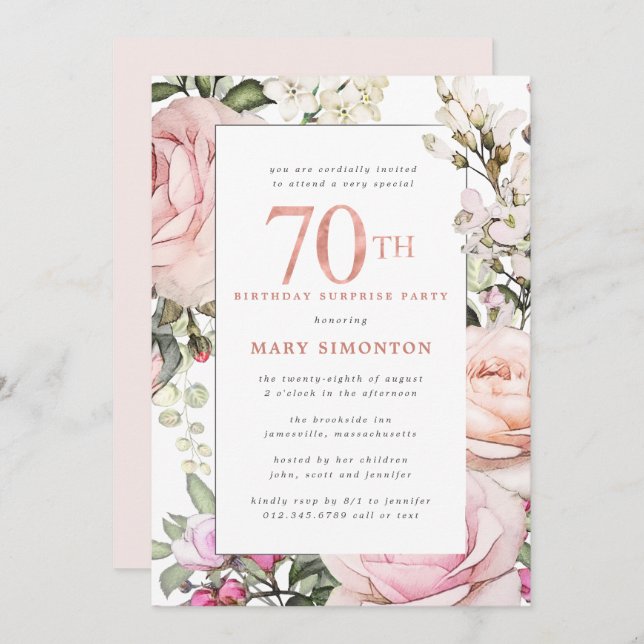 Invitation 70e anniversaire Surprise Party Blush rose floral (Devant / Derrière)