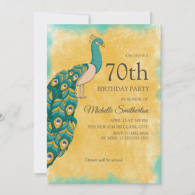 Invitation 70e anniversaire Turquoise Aquarelle jaune Peacock (Devant)