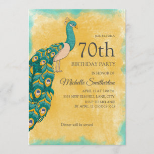Invitation 70e anniversaire Turquoise Aquarelle jaune Peacock