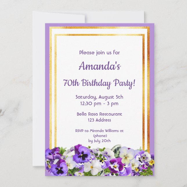 Invitation 70e anniversaire violet pansies fleurs or (Devant)
