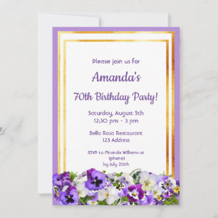 Invitation 70e anniversaire violet pansies fleurs or