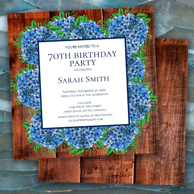 Invitation 70e anniversaire Wood Blue Hydrangeas Rustic Party (Créateur téléchargé)