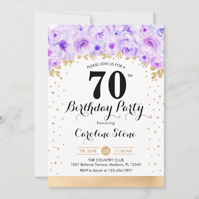 Invitation 70e fête d'anniversaire - Gold Purple Flowers (Devant)