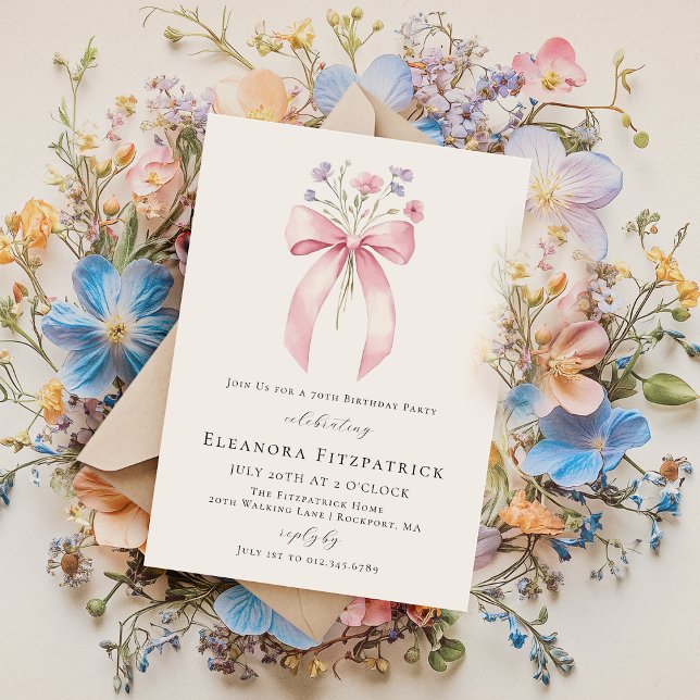 Invitation 70e fête d'anniversaire Pink Coquette Bow Fleur sa (Créateur téléchargé)