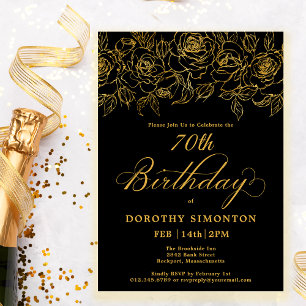 Invitation 70e fête d'anniversaire Rose d'or Floral Black